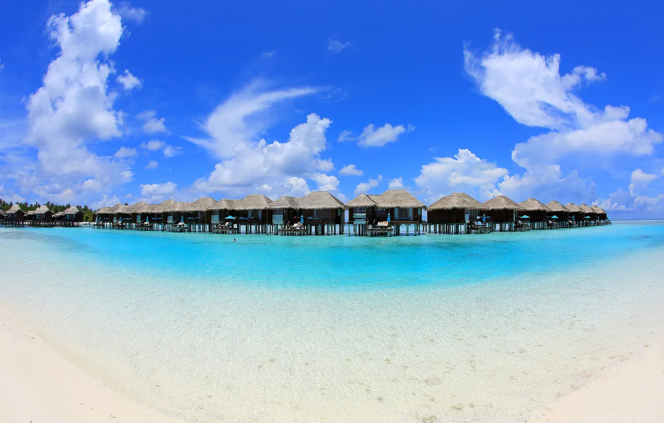 Photo wallpaper sand, sea, beach, the sky, nature, the Maldives, Bungalow