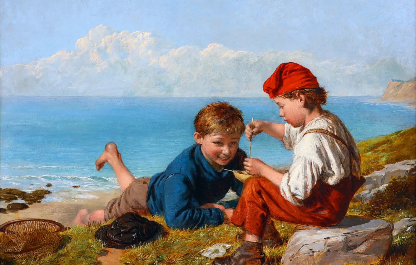 Photo wallpaper sea, children, picture, boy, two, British artist, Young fishermen, William Hemsley