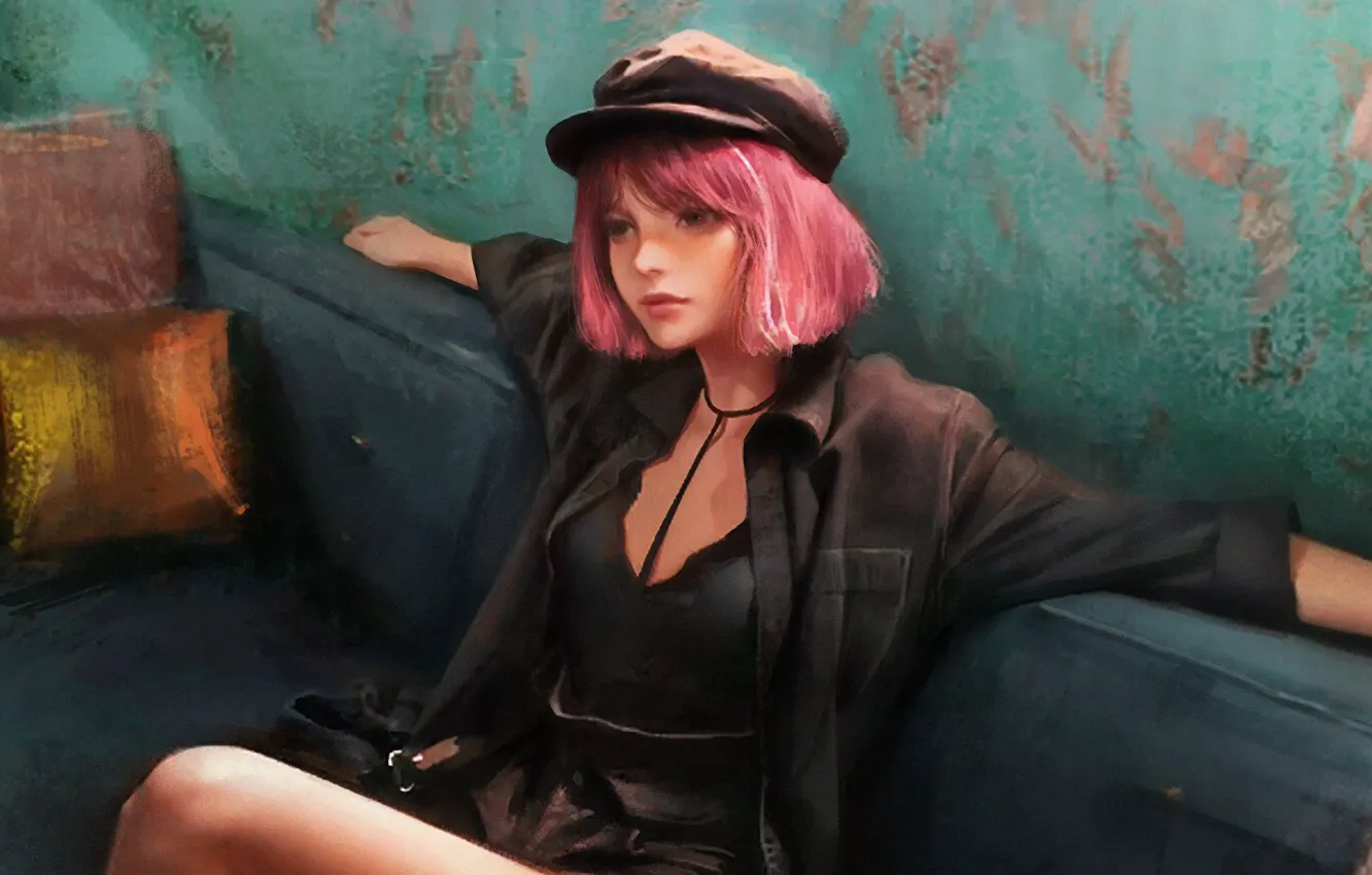 Photo wallpaper pillow, girl, cap, on the couch, in the room, the wall, pink hair, black shirt