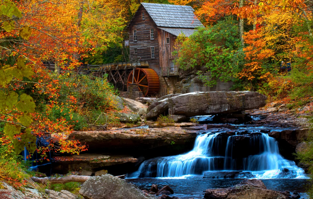 Photo wallpaper autumn, river, waterfall, USA, Babcock State Park, river, park, autumn