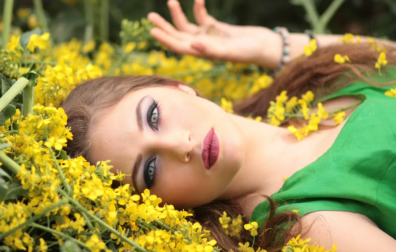 Photo wallpaper look, girl, flowers, face, makeup, brown hair