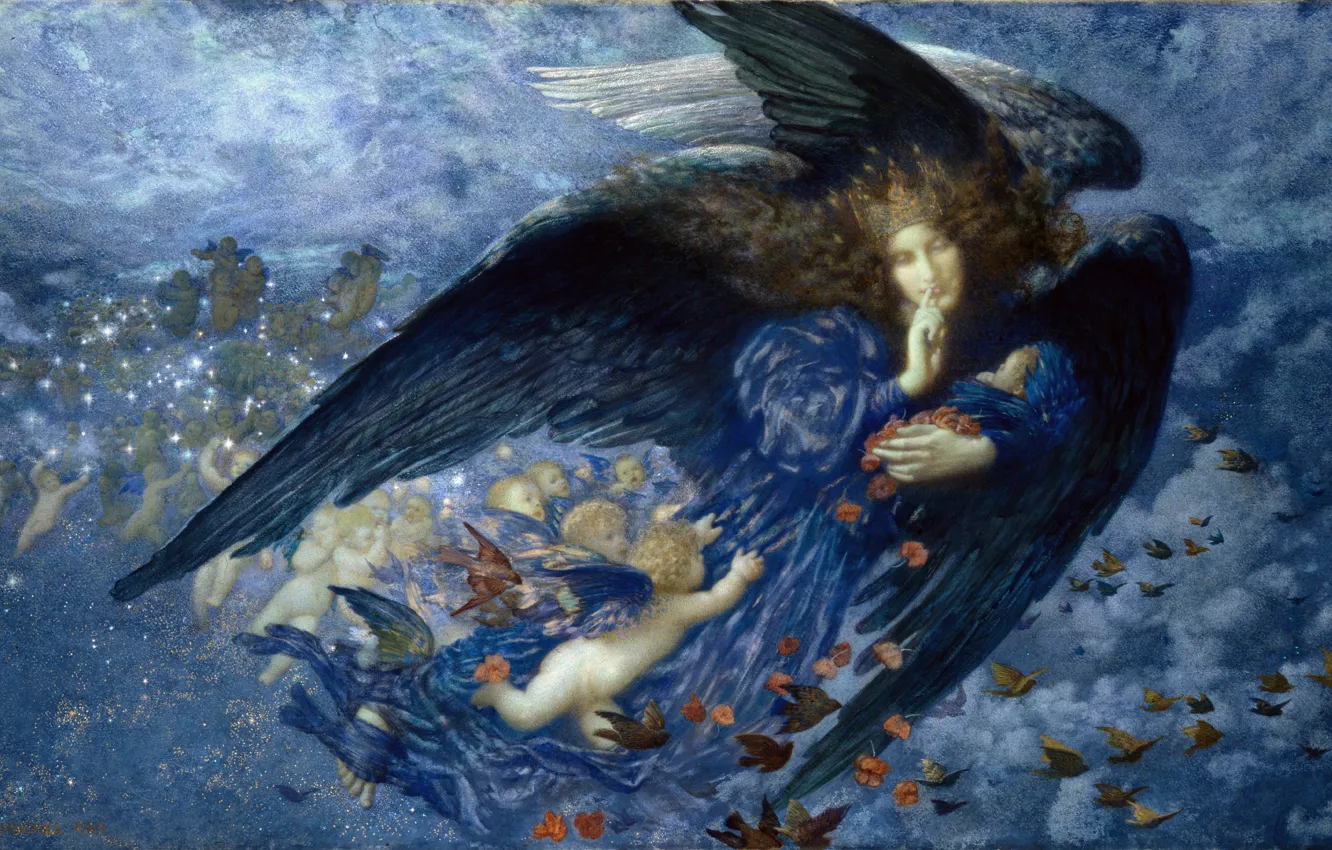 Photo wallpaper pigeons, angel, Night with train of stars, Edward Robert Hughes
