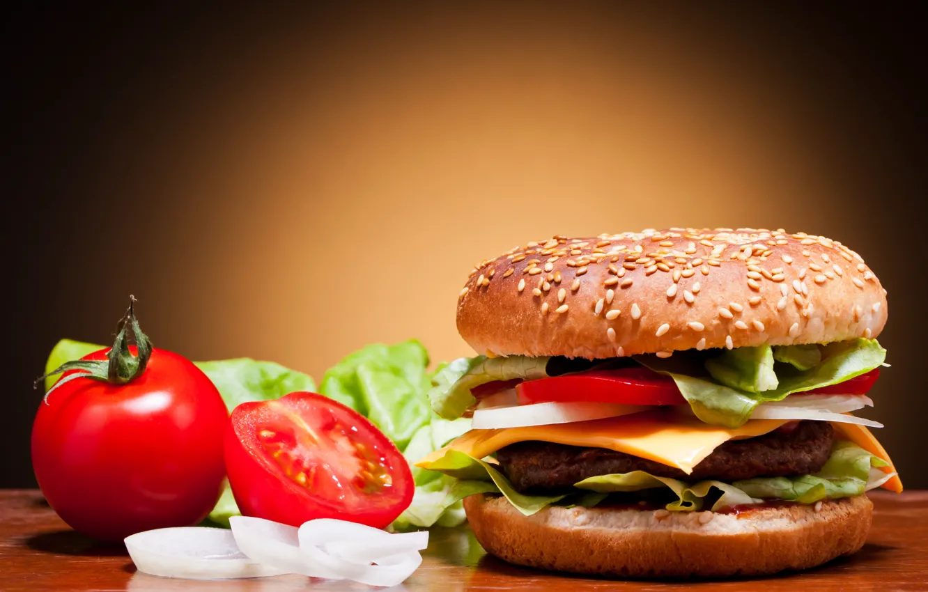 Photo wallpaper cheese, bow, vegetables, tomatoes, hamburger, Patty, roll, cucumbers