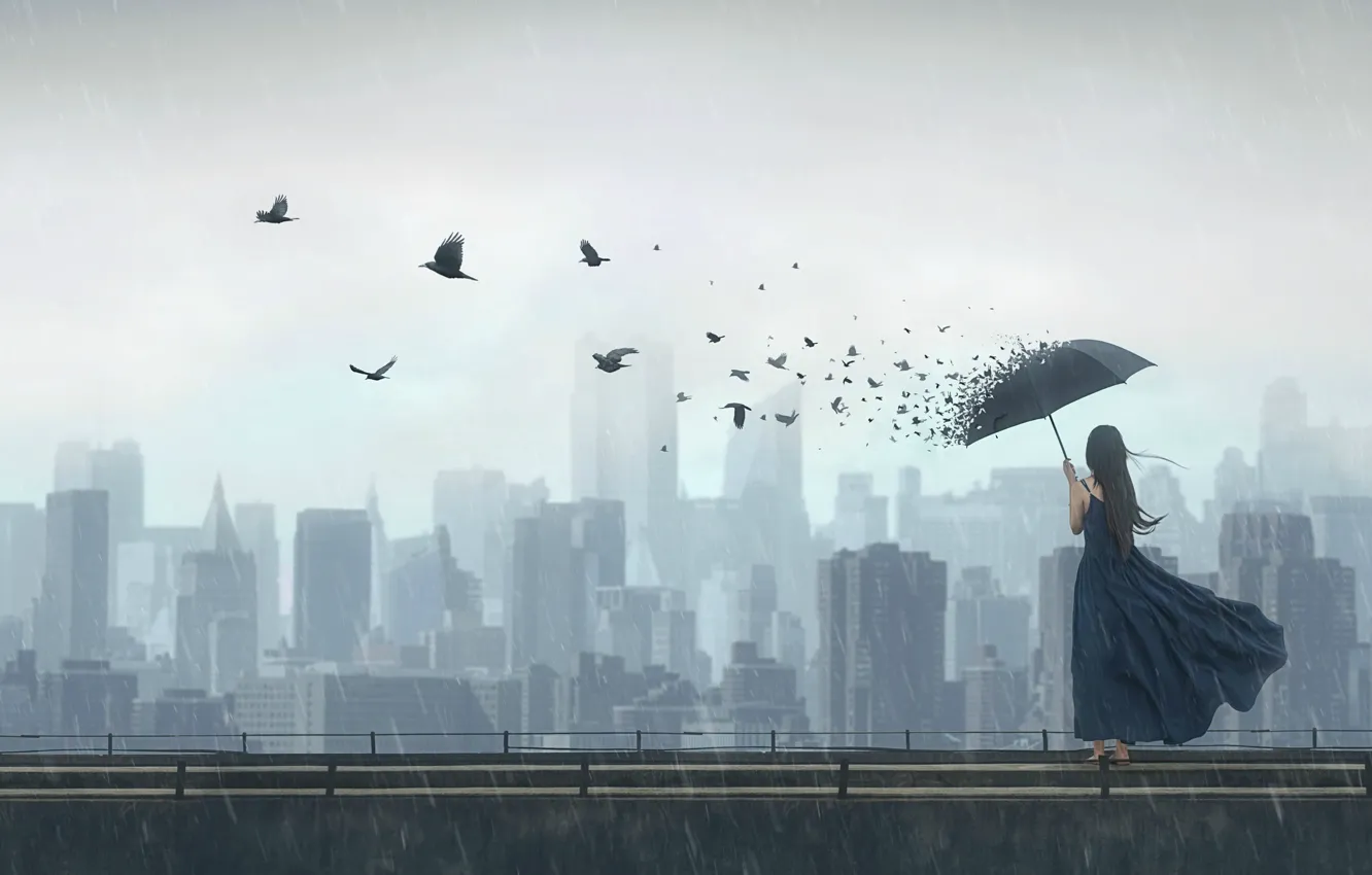 Photo wallpaper girl, birds, the city, fantasy, rain, umbrella, art