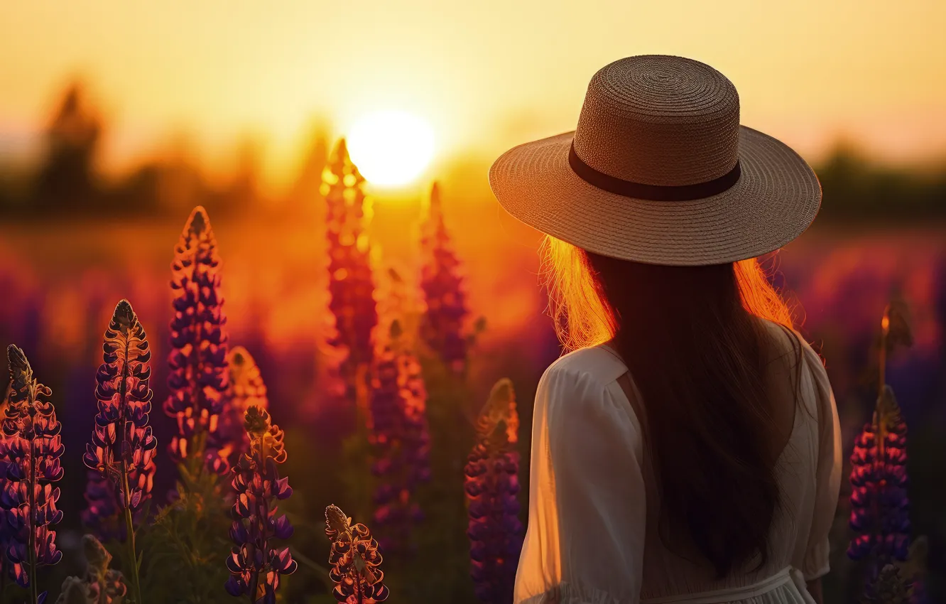 Photo wallpaper field, summer, girl, the sun, rays, sunset, flowers, nature