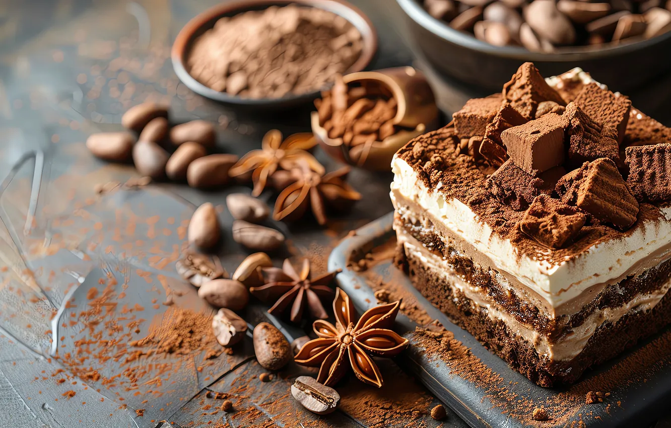 Photo wallpaper table, chocolate, cake, cake, bowl, cream, dessert, coffee beans