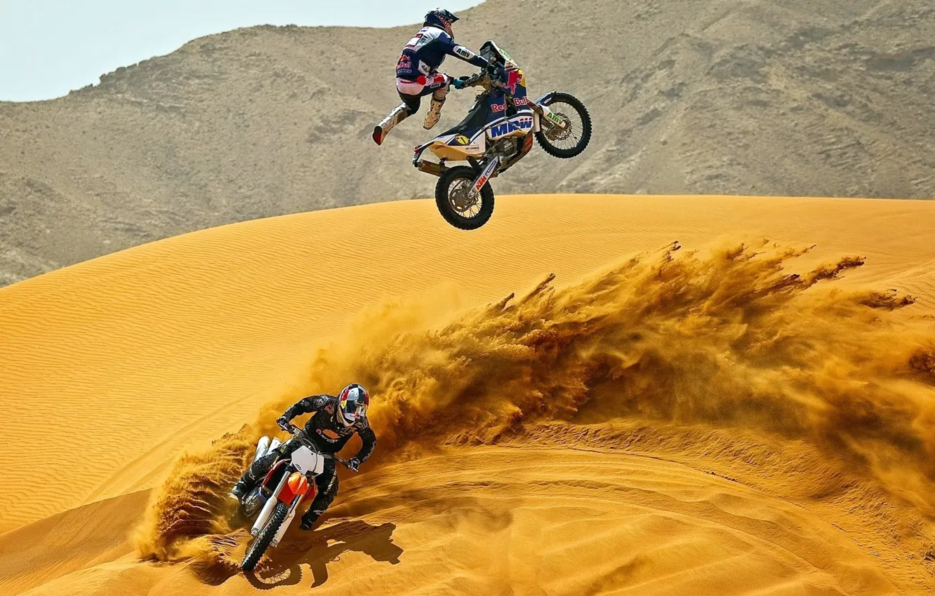 Photo wallpaper sand, desert, costume, motorcycle, helmet, motocross, jumper
