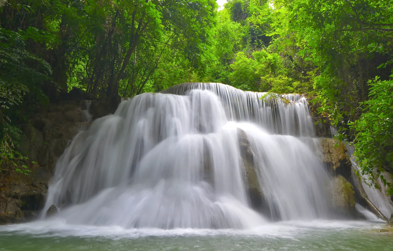 Photo wallpaper forest, landscape, river, rocks, waterfall, summer, forest, tropical