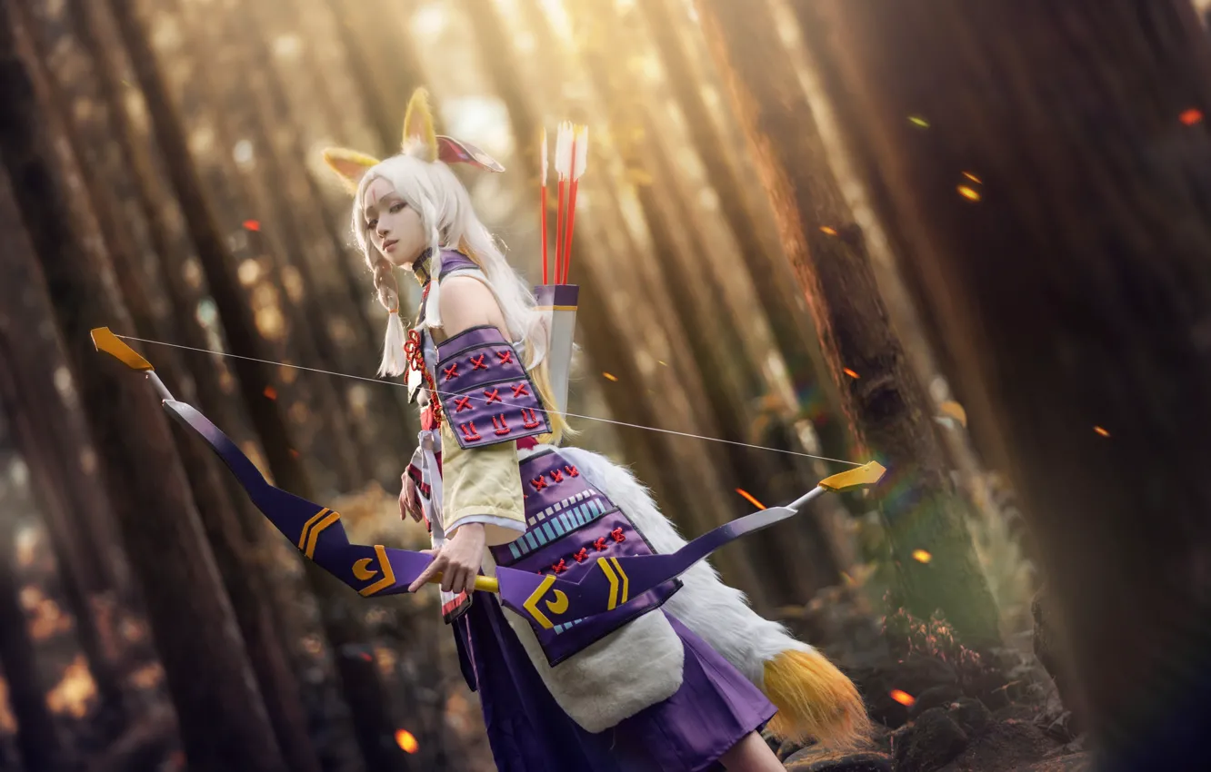 Photo wallpaper forest, look, girl, light, trees, pose, style, weapons