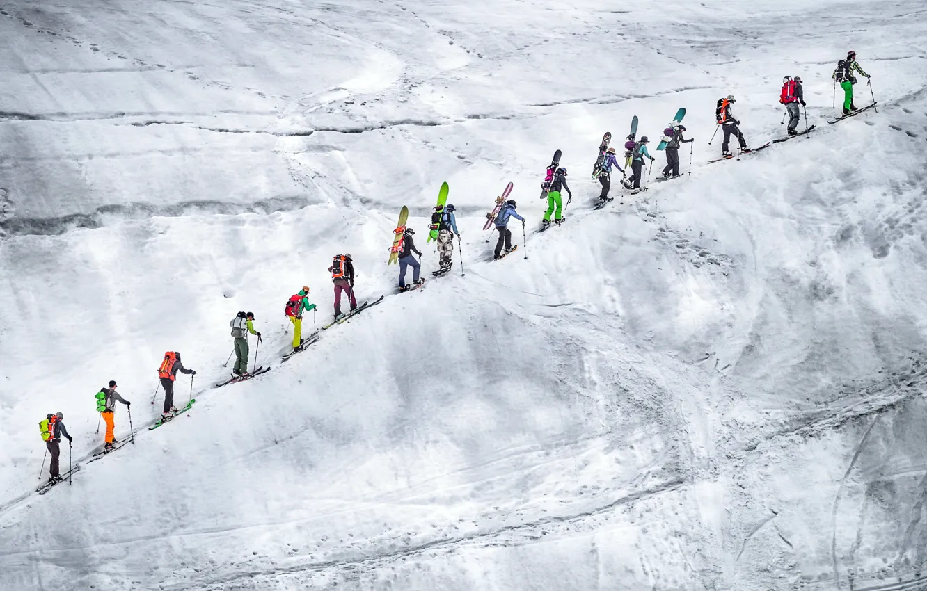Photo wallpaper snow, mountain, skiers