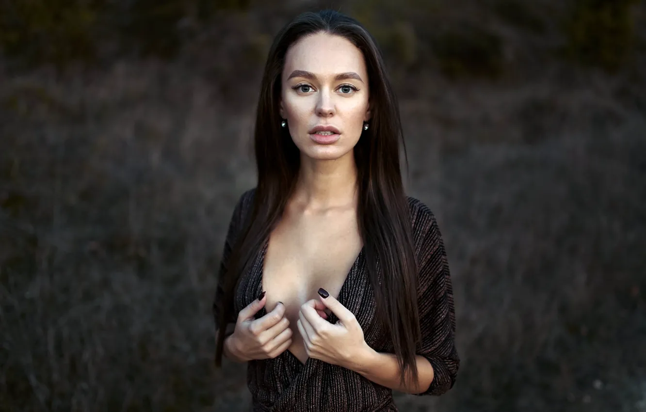 Photo wallpaper look, girl, pose, hands, dress, brunette, long hair, bokeh