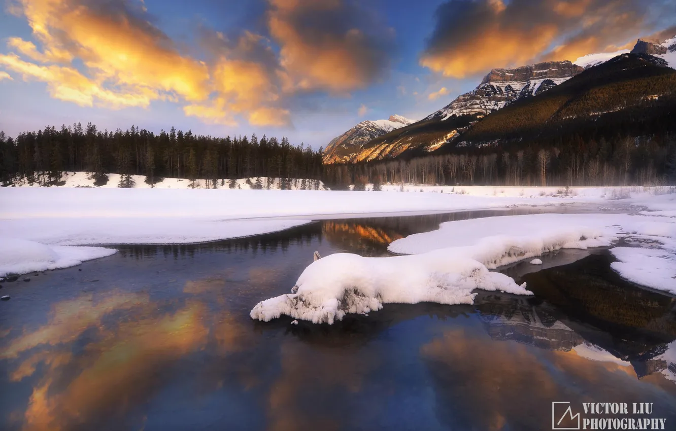 Photo wallpaper winter, forest, snow, sunset, mountains, nature, lake