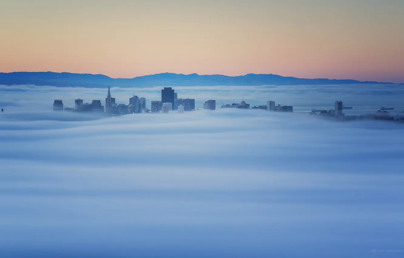Photo wallpaper fog, dawn, building, morning, CA, the top, Sausalito