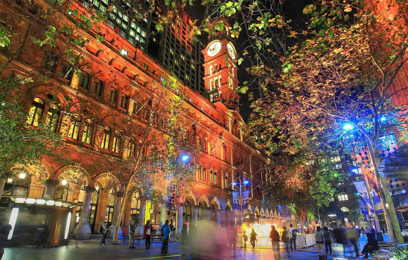 Photo wallpaper lights, people, tower, home, Australia, Sydney, Martin Place, Vivid Sydney