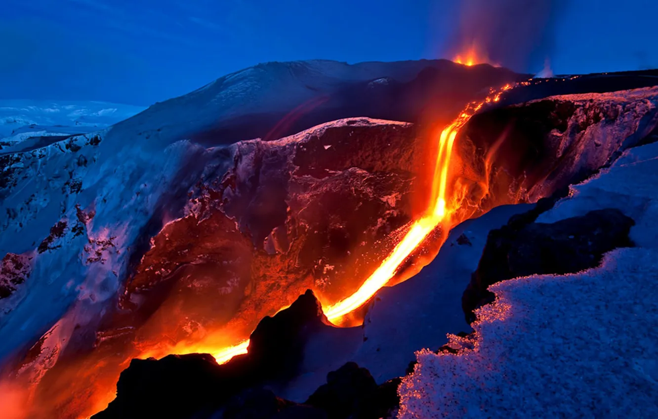 Photo wallpaper snow, mountains, stream, the evening, the volcano, slope, lava, direction