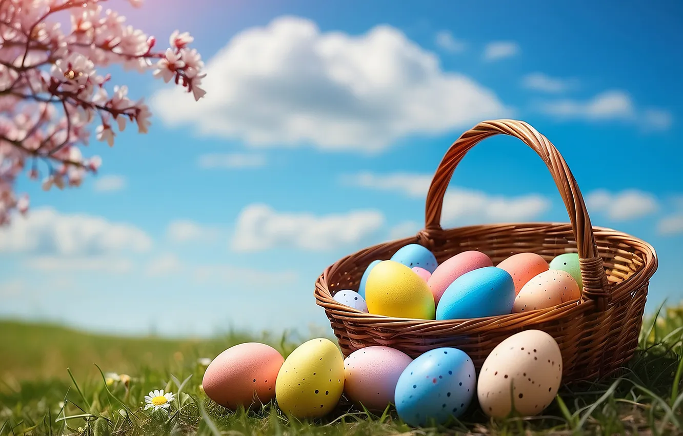 Photo wallpaper flowers, eggs, spring, colorful, Easter, happy, flowers, spring