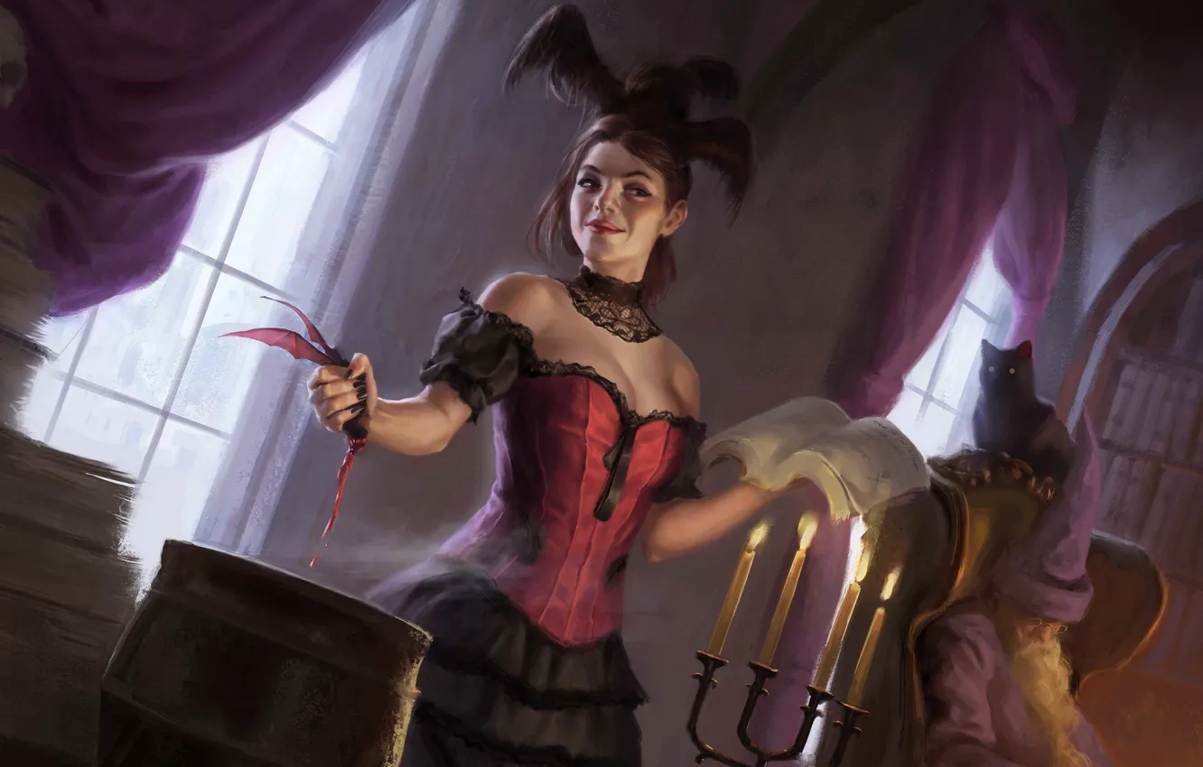 Photo wallpaper cat, girl, blood, book, bat, witch, Seletar