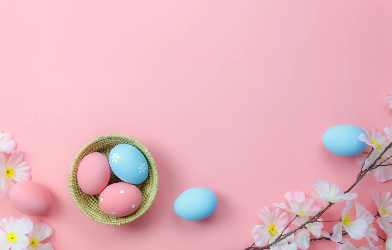 Photo wallpaper flowers, background, pink, eggs, spring, Easter, wood, pink