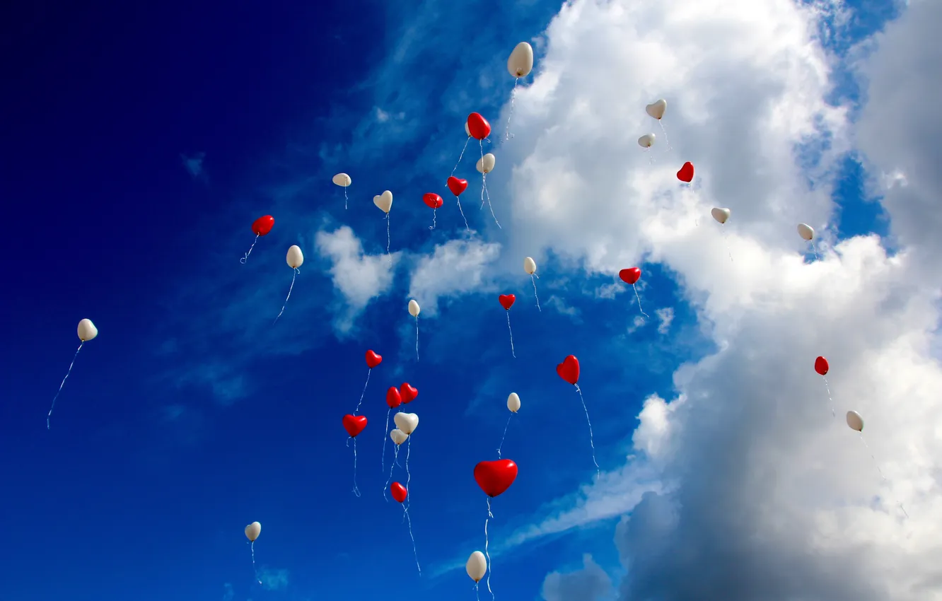 Photo wallpaper the sky, clouds, love, balloons, heart