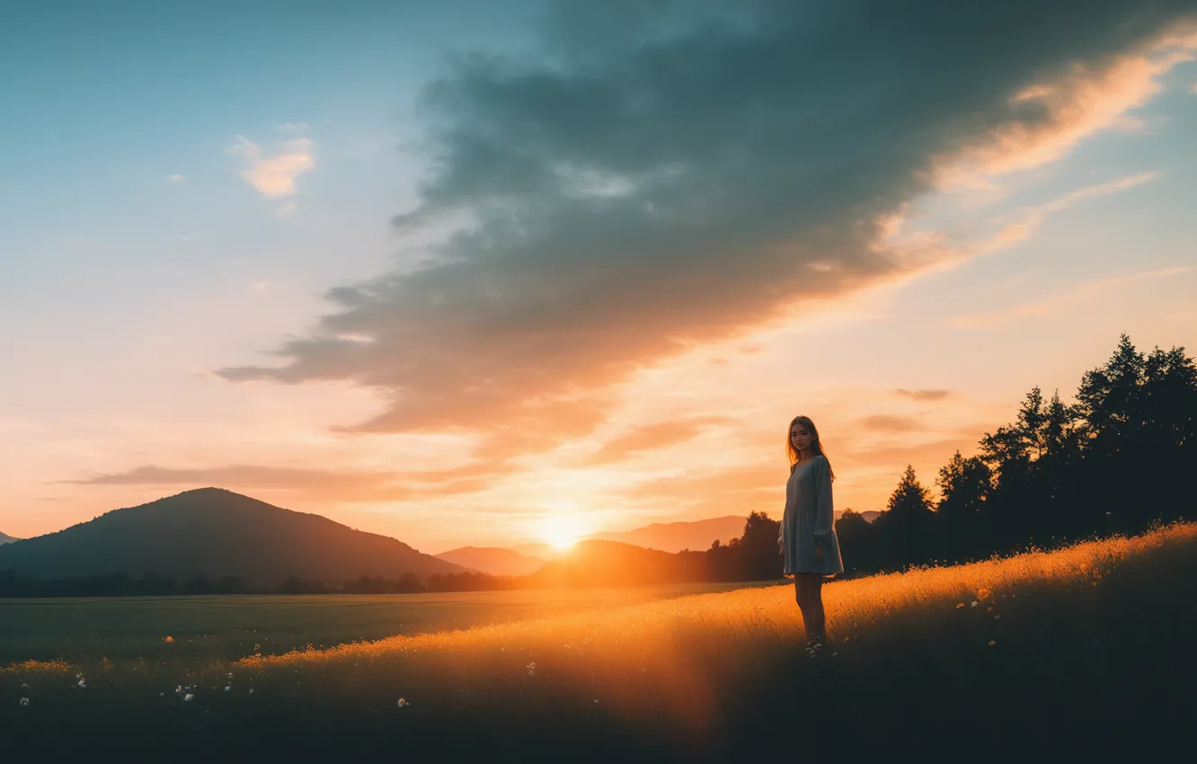 Photo wallpaper field, the sun, landscape, sunset, flowers, woman, field, landscape