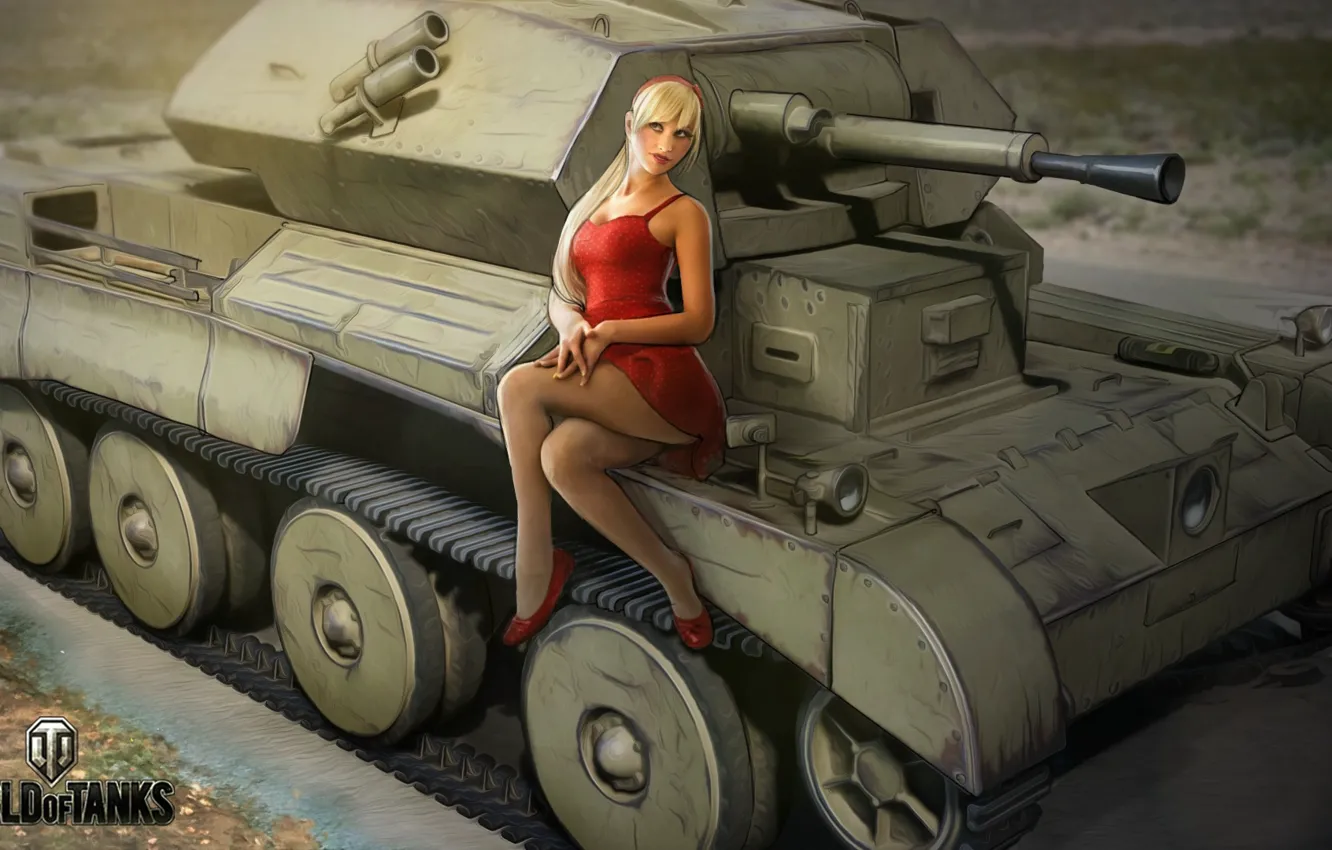 Photo wallpaper girl, figure, dress, art, blonde, tank, in red, British