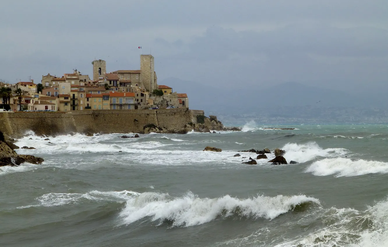 Photo wallpaper sea, wave, France, tower, home, Cote d'azur, Antibes