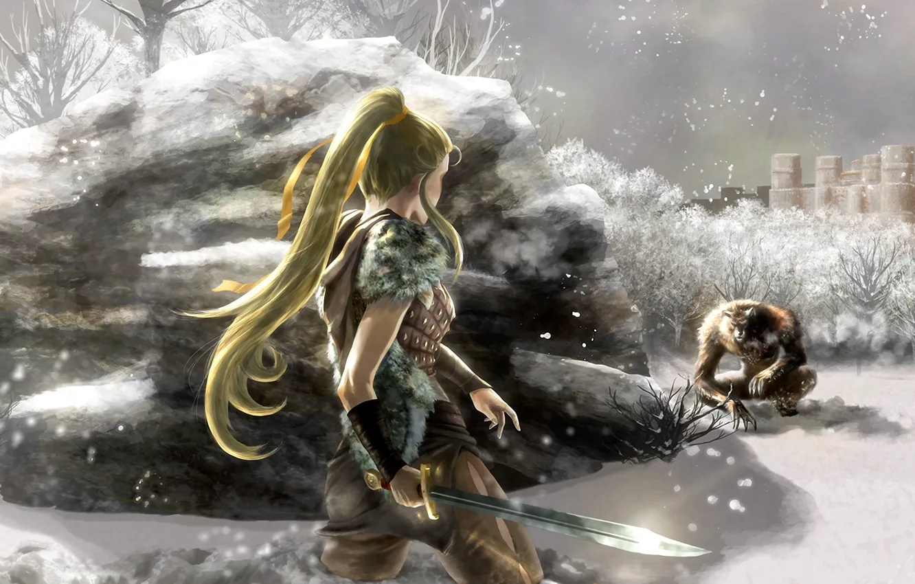 Photo wallpaper girl, snow, stones, castle, back, monster, sword, art
