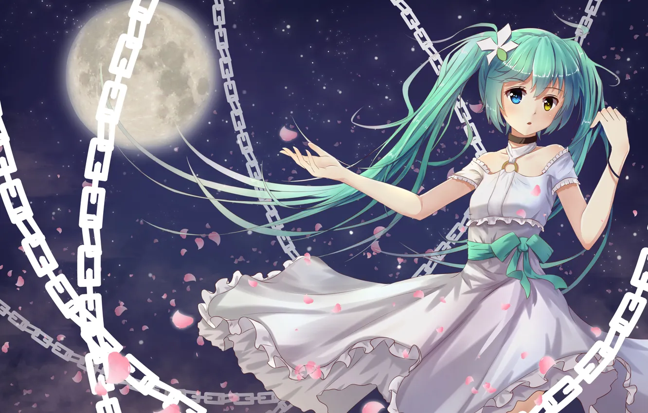 Photo wallpaper look, girl, the moon, surprise, chain, vocaloid, hatsune miku, Vocaloid