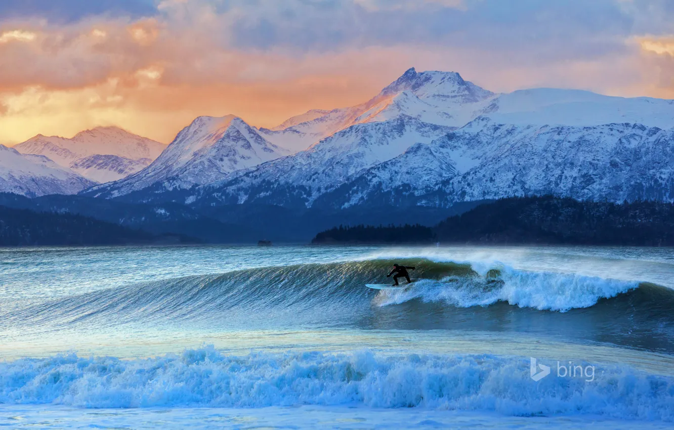 Photo wallpaper sea, wave, the sky, mountains, Alaska, surfing, USA, extreme