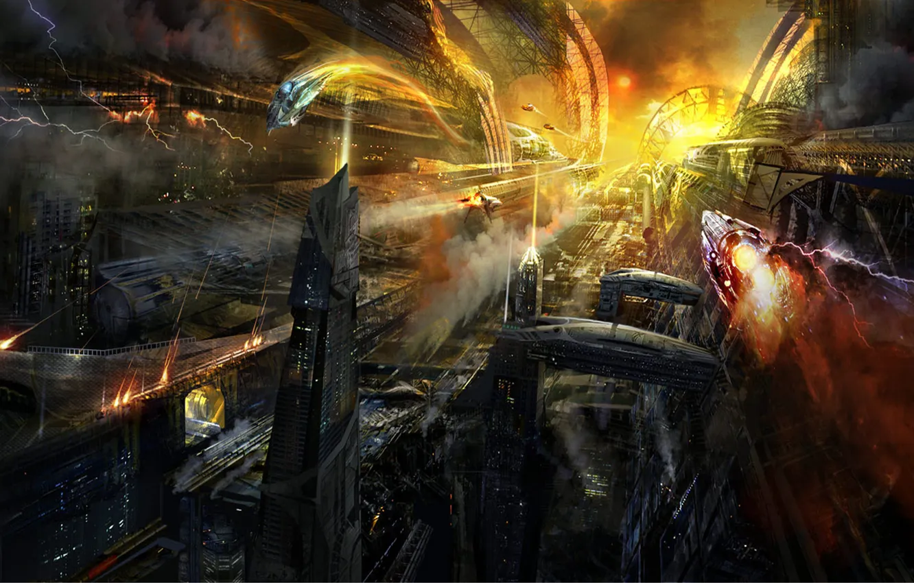 Photo wallpaper war, ship, station, laser, space