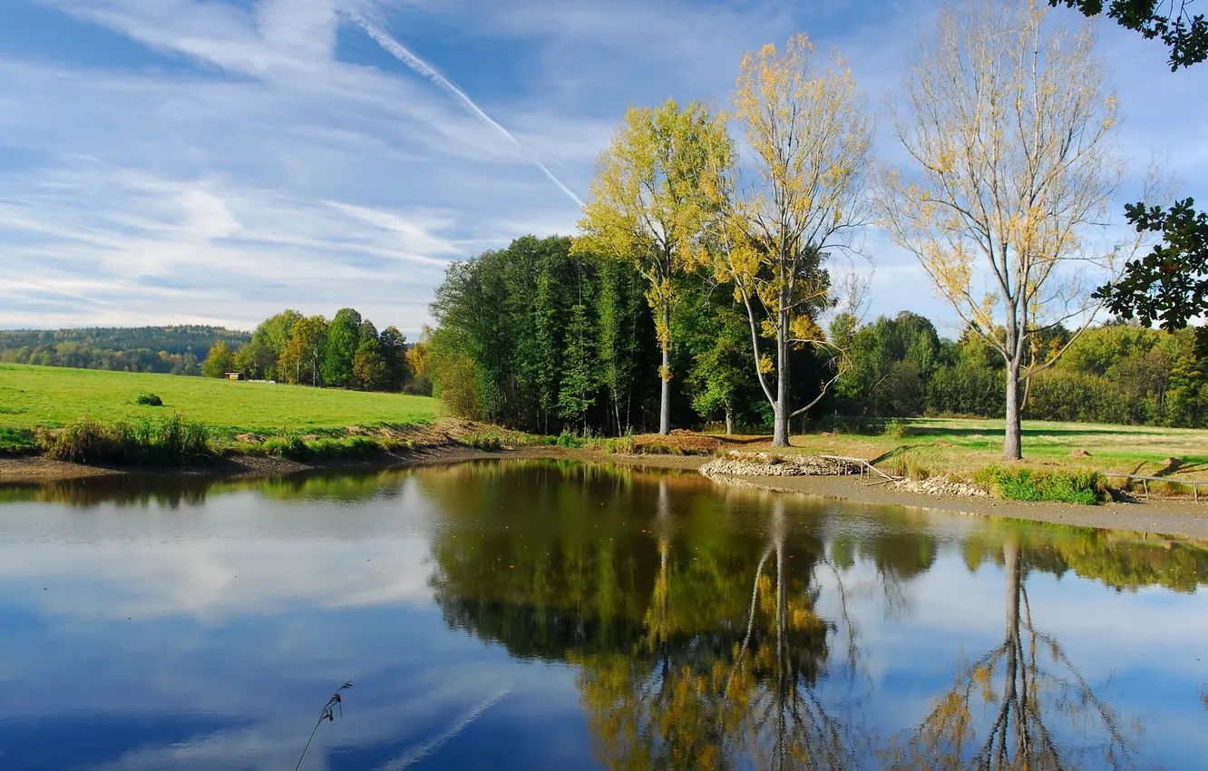 Photo wallpaper autumn, forest, the sky, trees, reflection, river, hills