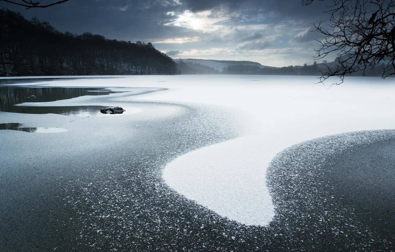 Photo wallpaper ice, winter, snow, trees, branches, lake