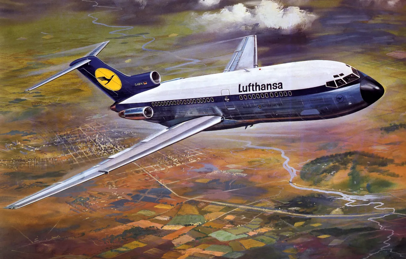 Photo wallpaper flight, the city, earth, figure, speed, art, Boeing, the plane