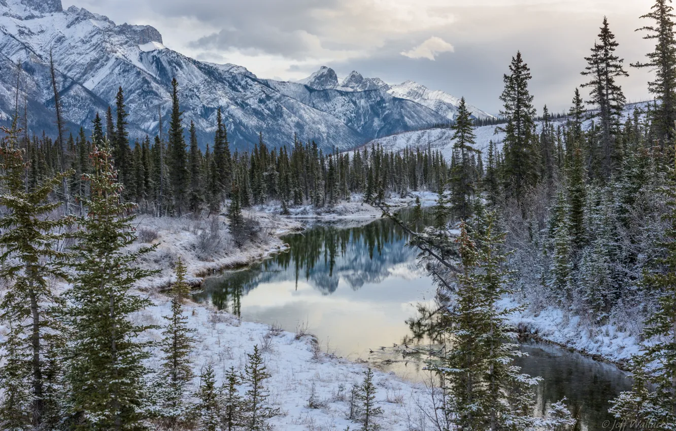 Photo wallpaper winter, forest, trees, mountains, lake, Canada, Albert, Alberta