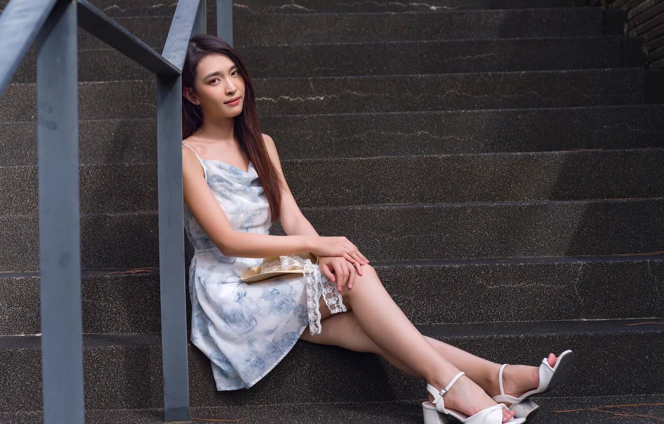 Photo wallpaper girl, hat, dress, ladder, legs, Asian