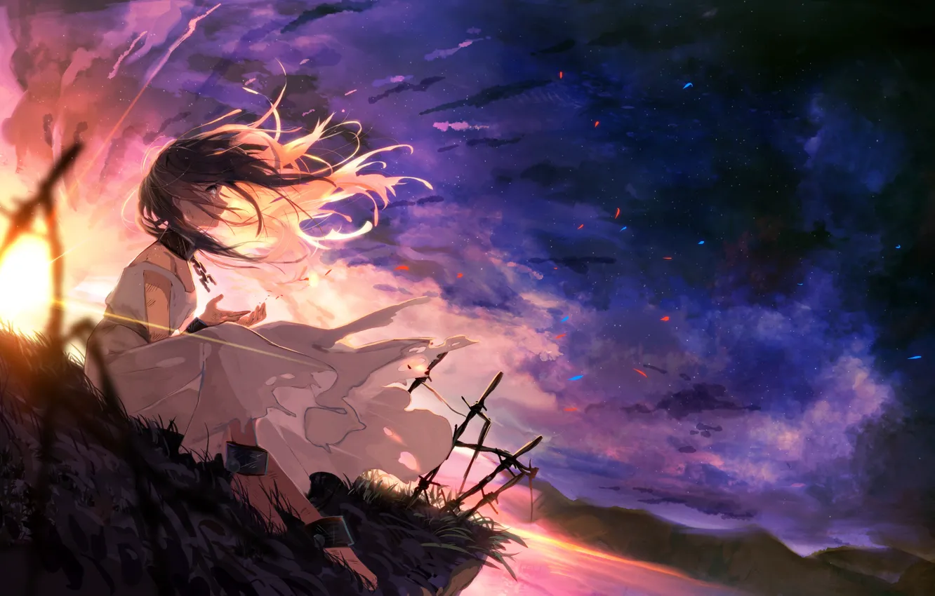 Photo wallpaper girl, sunset, open, tears, chain