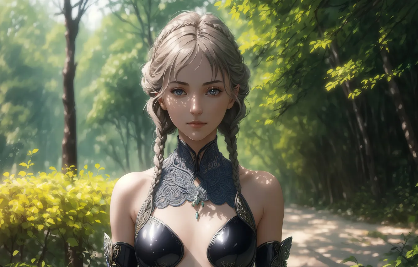 Photo wallpaper greens, forest, look, girl, nature, blue eyes, panache, digital art