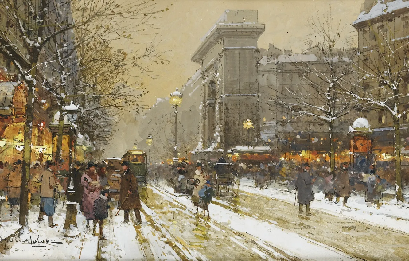 Photo wallpaper winter, people, street, Paris, Eugene Galien-Laloue