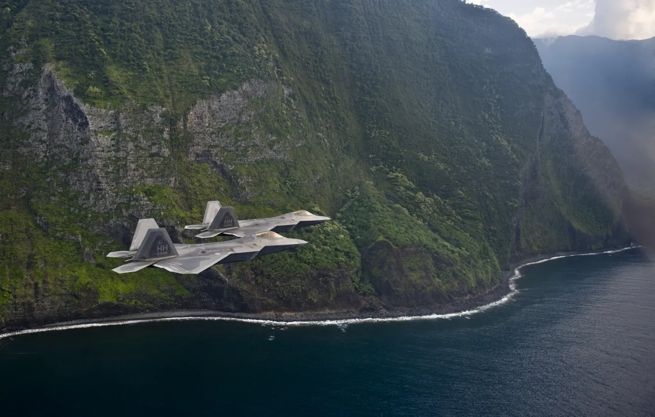 Photo wallpaper flight, shore, fighters, F-22, Raptor