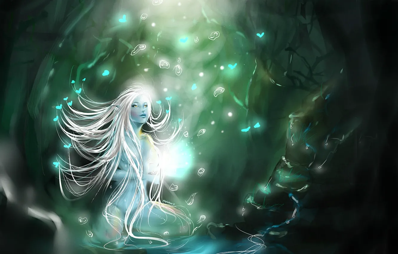 Photo wallpaper look, girl, trees, butterfly, branches, fiction, hair, elf