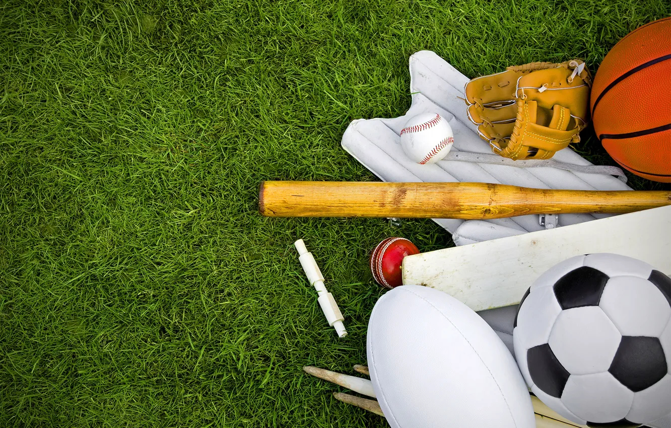 Photo wallpaper grass, lawn, football, the ball, baseball, Basketball, gloves, Rugby