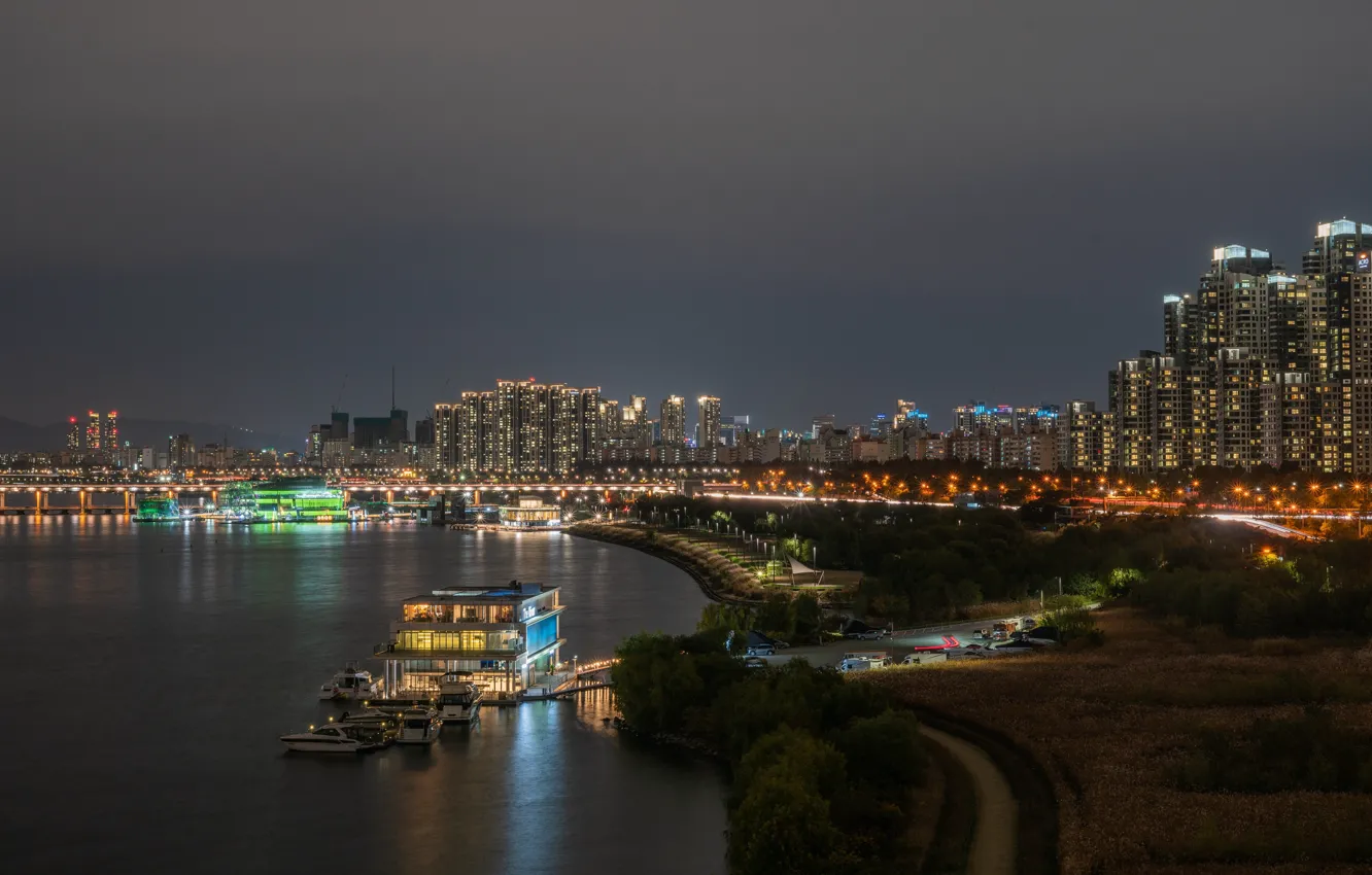 Photo wallpaper night, lights, river, Seoul, South Korea, Han River