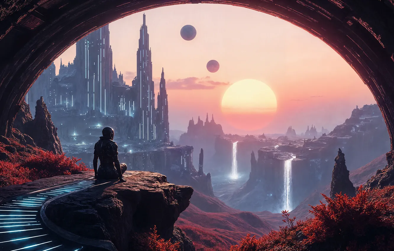 Photo wallpaper the sun, fog, castle, rocks, people, planet, robot, waterfall