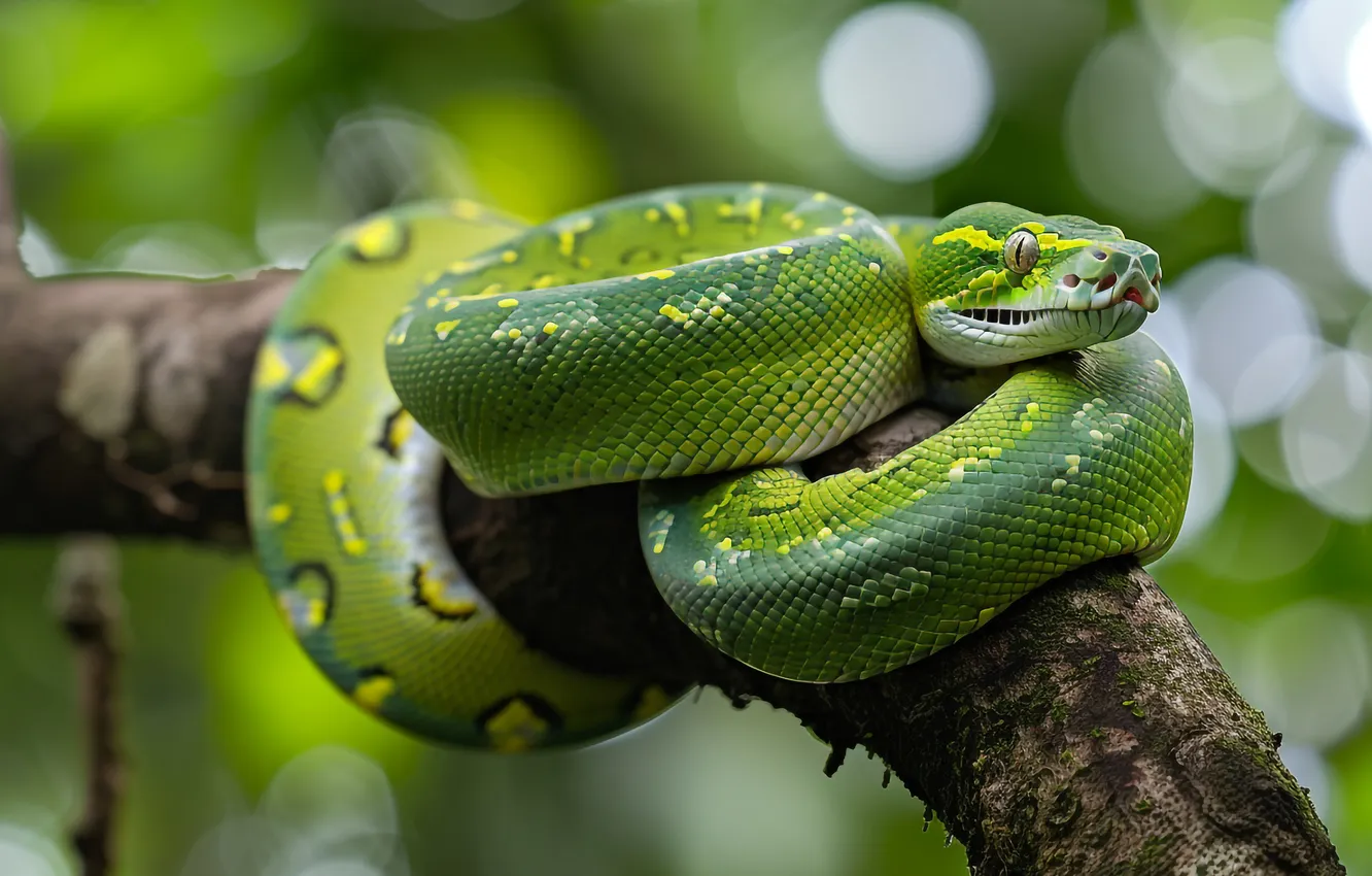 Photo wallpaper look, trees, green, snake, Python, bokeh, reptile, AI art