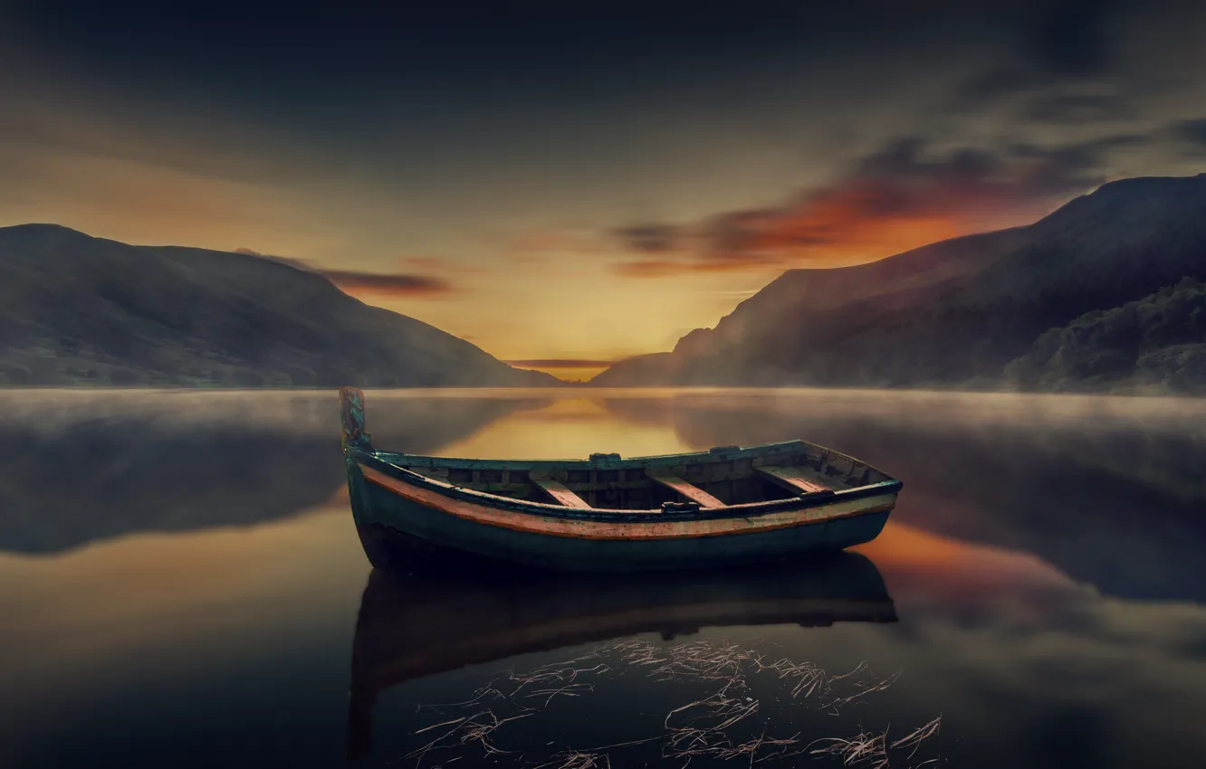 Photo wallpaper the sky, mountains, reflection, boat