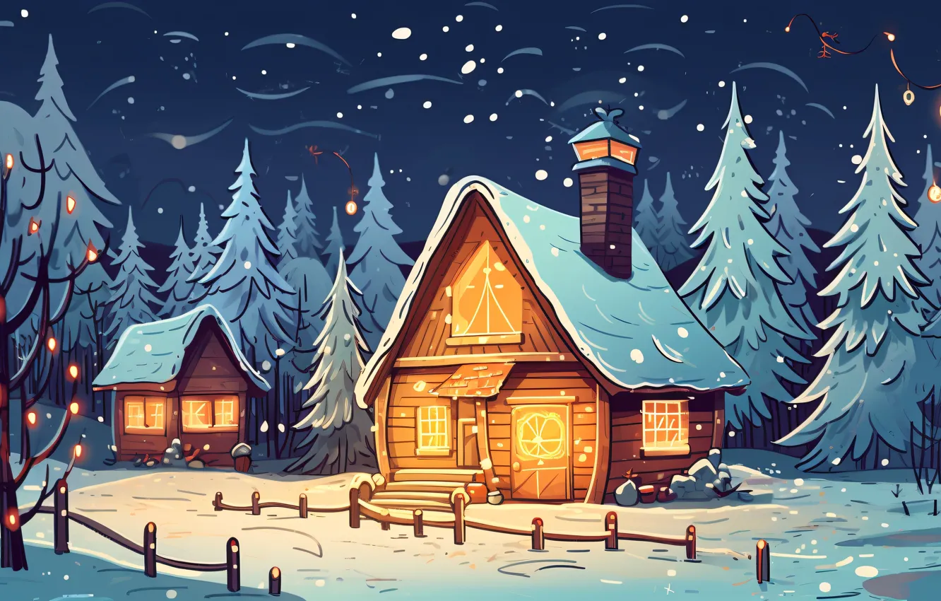 Photo wallpaper winter, snow, holiday, graphics, tree, new year, home, Christmas