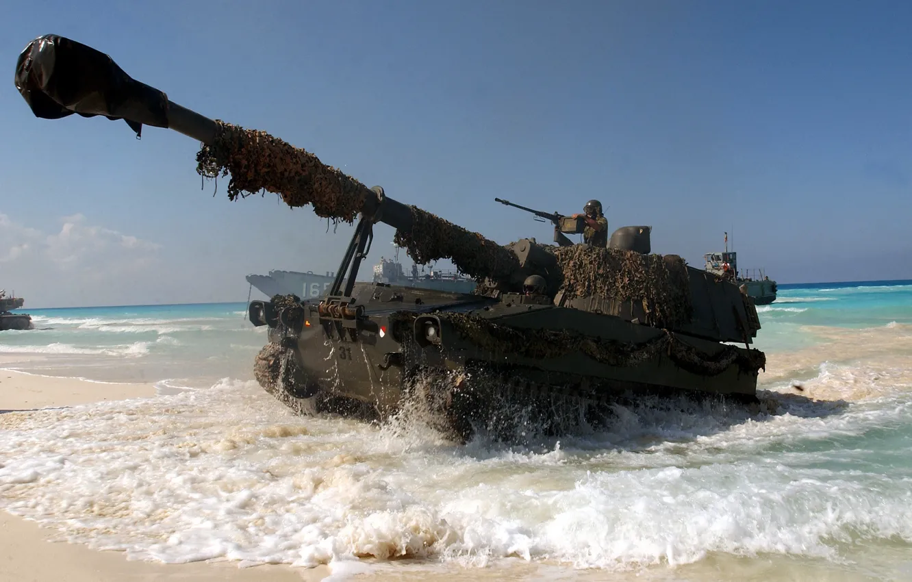 Photo wallpaper weapons, the ocean, Wallpaper, soldiers, tank, trunk, wallpaper, gun