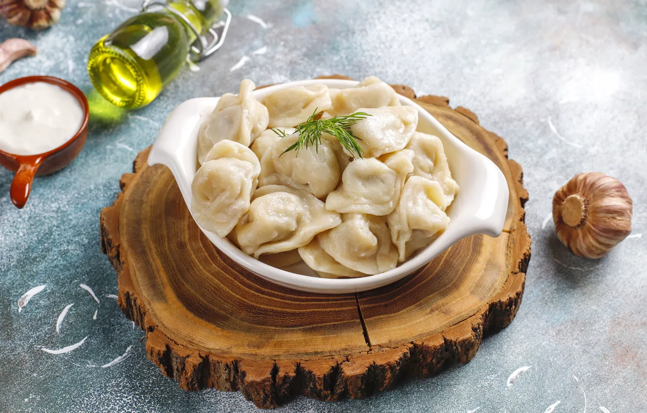 Photo wallpaper table, bowl, dumplings