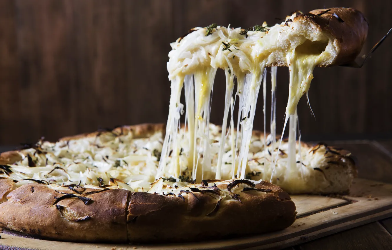 Photo wallpaper hot, cheese, bow, pizza, piece, the spatula, cutting Board