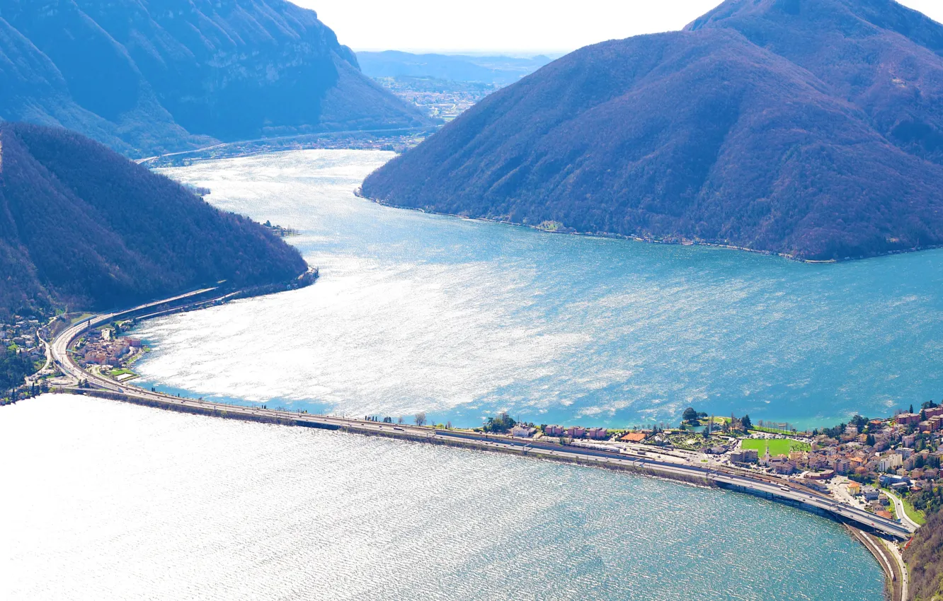 Photo wallpaper road, mountains, lake, Switzerland, moving, Lugano